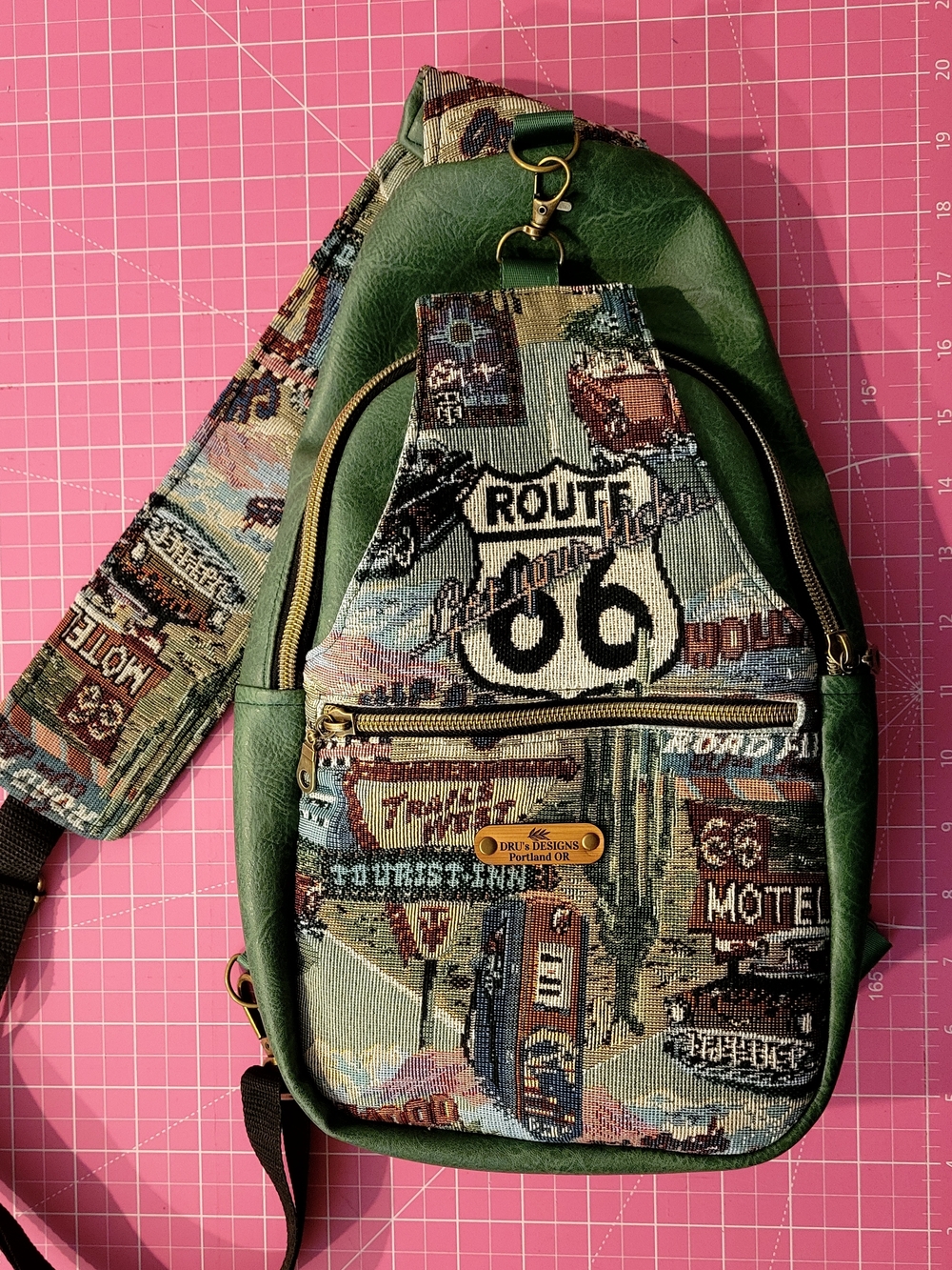 Unisex Route 66 Tapestry Green Sling Bag